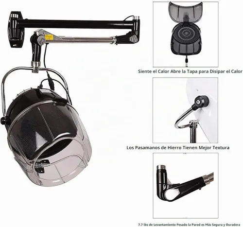 Vista 4 de Secador de pelo negro de pie, con capucha ajustable, con ruedas, equipo profesional de salón para belleza y secado de cabello en el hogar