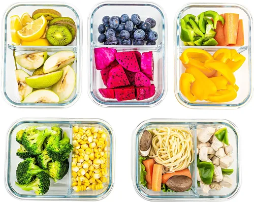 Vista 7 de [Paquete de 5, 34 onzas] Juego de recipientes de vidrio con tapa y 2 compartimentos Glass Storage Containers, Airtight Lunch Boxes with 2 Dividers