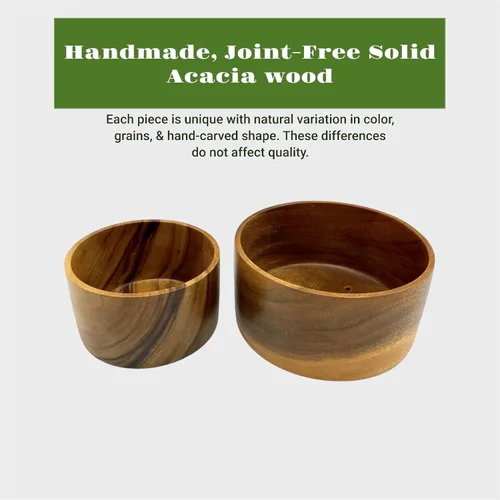 Vista 6 de Juego de 2 cuencos redondos de madera maciza de acacia para alimentos, almacenamiento de condimentos, ensalada, aperitivos, nueces, pan, palomitas