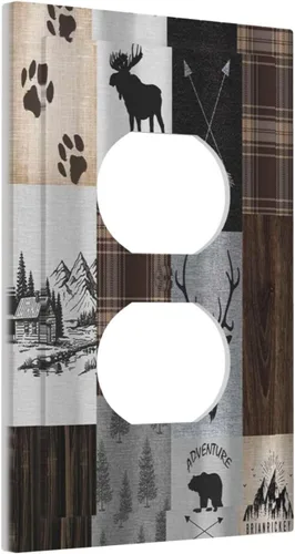 Vista 2 de Cubiertas de pared de lodge rústico retro con diseño de osos, ciervos y animales salvajes. Placas de pared dúplex simples para interruptor de luz.