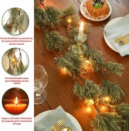 Vista 4 de Guirnalda de Navidad ahumada de 6.4 pies con luces, guirnalda de pino de cedro rústico natural preiluminada con conos de pino para el hogar, Año