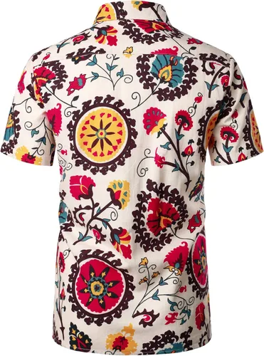 Vista 3 de LucMatton Camisas hawaianas de manga corta con estampado tradicional de lino y algodón para hombre