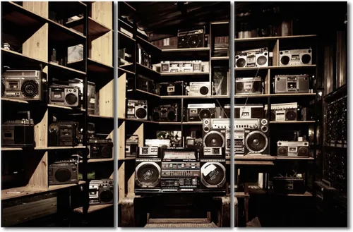 Vista 17 de TUMOVO Arte de pared de estilo retro, grupo de dispositivos electrónicos antiguos de radio, pinturas de imágenes, 3 piezas, lienzo, decoración