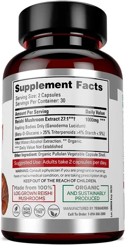 Vista 4 de Extracto orgánico de hongos Reishi por Tera Herbs - 60 cápsulas vegetarianas - Ganoderma Lucidum/Ling Zhi