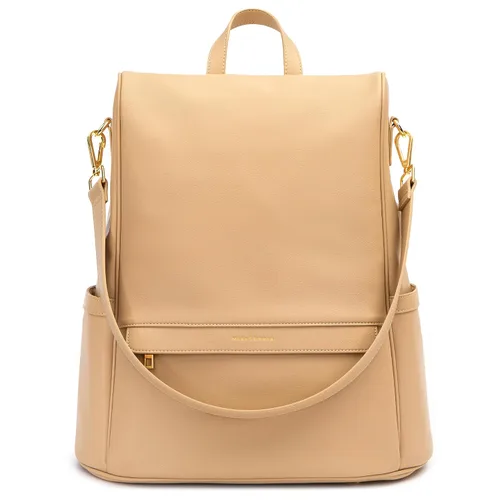 Vista 17 de MIA + SOPHIA Mochila de cuero para pañales con puerto de carga USB, cambiador, correas para cochecito y portabotellas (Marrón Mia)