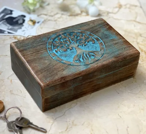Vista 2 de Gran regalo de cumpleaños, caja de joyería decorativa de madera hecha a mano, organizador de joyas tallado en árbol de la vida, caja de recuerdos