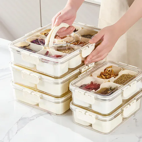 Vista 8 de Paquete de 2 Cajas Snackle con Asa para Bandeja de Servir Alimentos Plato de Aperitivos con Tapas Contenedor Apilable de Frutas y Verduras con 8