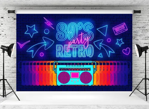 Vista 2 de Telón de fondo retro de 5 x 3 pies para fiesta de los años 80 con letras de neón Boombox, cinta de cassette de ladrillo para fiesta temática