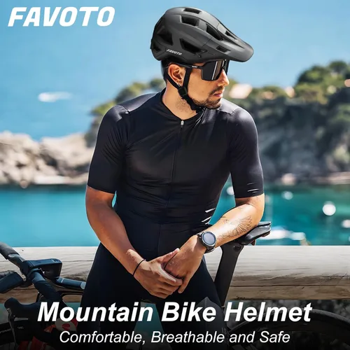 Vista 7 de Favoto Casco de bicicleta de montaña para adultos para hombres y mujeres, casco de MTB con hebilla magnética con visera extraíble, ligero