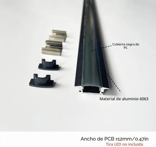 Vista 2 de Paquete de 6 canales de aluminio LED en forma de U de 3.3 pies con cubierta negra, tapas de extremo y clips de montaje, perfil de aluminio