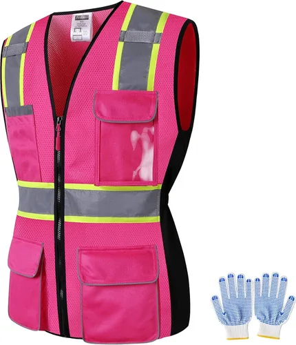 Vista 19 de Chaleco de seguridad para mujer, múltiples bolsillos, de alta visibilidad, reflectante, malla transpirable, chaleco de trabajo para dama, cremallera