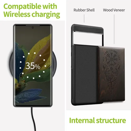 Vista 4 de Carveit Funda de madera para Pixel 6 Pro [madera real y TPU suave] a prueba de golpes, híbrida, cubierta de madera única y elegante compatible