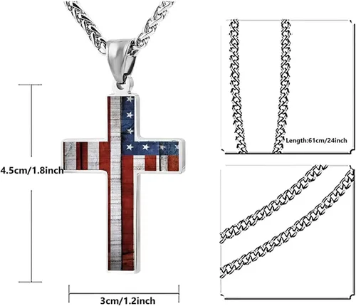 Vista 2 de Collar con colgante de cruz patriótica de la bandera estadounidense, joyería religiosa para hombres, Acero inoxidable, No es una piedra preciosa