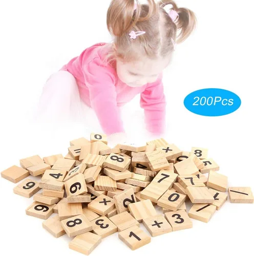 Vista 4 de 200 piezas de azulejos de madera números de madera rompecabezas bloques números y símbolos para manualidades, ortografía, decoración de álbumes
