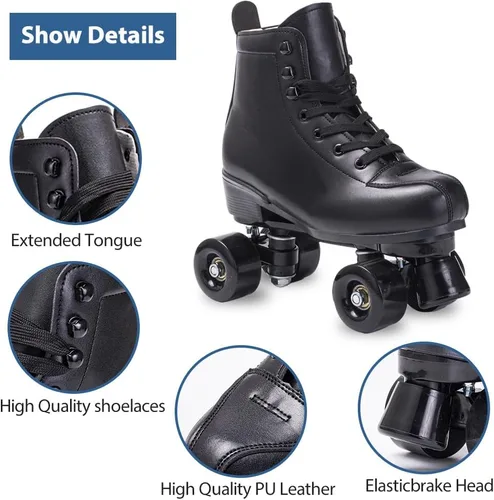 Vista 2 de Patines de ruedas para mujeres y hombres, de piel sintética, patines clásicos de doble fila, patines de cuatro ruedas para interiores y exteriores
