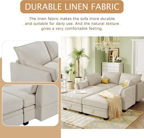Vista 6 de Sofá modular moderno en forma de U de 115 pulgadas, juego de sofás tapizados grandes con asiento de almacenamiento, sofá cama convertible con diván