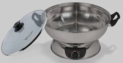 Vista 2 de Shabu Shabu Shabu eléctrico de doble cara con quemador y tapa de vidrio, 5.0L, acero inoxidable con control múltiple