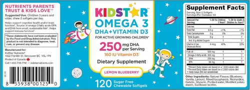 Vista 3 de KidStar Nutrients Omega 3 con vitamina D3, alto contenido de DHA, arándano limón, 120 cápsulas blandas masticables