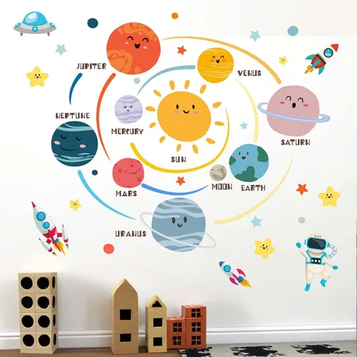 Vista 5 de Calcomanías de Pared de Astronauta del Espacio Exterior - Calcomanías de Pared de Cohete de Planetas para Niños - Decoración de Pared