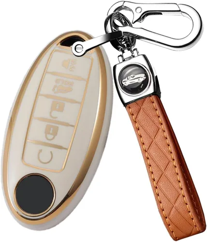 Vista 16 de ontto Protector de llavero de automóvil de 5 botones con llavero de TPU suave, borde dorado, guante para llaves Infiniti JX35 Q50 Q60 QX56 QX60 QX80