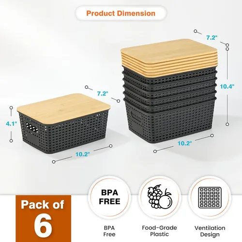 Vista 2 de Ohmlove Cestas de almacenamiento de plástico con tapa de bambú – Contenedores de almacenamiento de plástico apilables: Cestas de almacenamiento