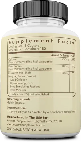 Vista 2 de Ancestral Supplements Suplemento de hueso vivo de carne de res alimentada con pasto, cápsulas de harina de hueso que apoyan la salud ósea, la salud