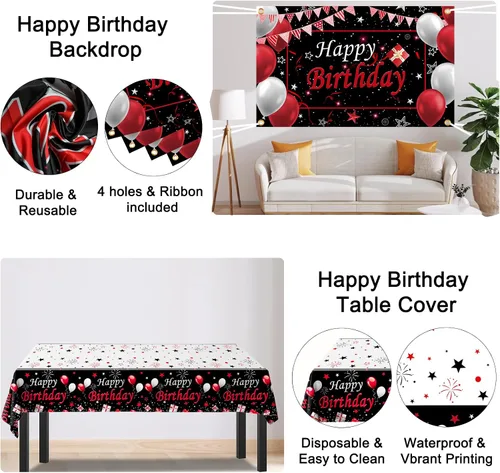 Vista 6 de Decoraciones de Cumpleaños Rojas para Hombres Mujeres Niños Niñas, 75 PCS Decoraciones de Fiesta Rojas y Negras Telón de Fondo Pancarta de Feliz