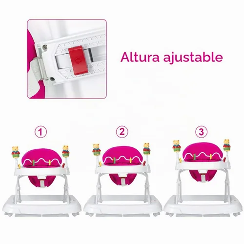 Vista 5 de Andador de bebé con ruedas para niños y niñas Andador plegable con juguetes para caminar y altura ajustable de 3 niveles, cómodo caminador de Rosa