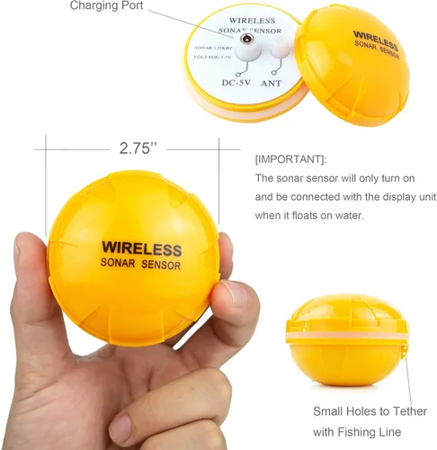 Vista 9 de ecosonda portátil recargable, sensor de sonar inalámbrico, localizador de profundidad con tamaño de los peces, contorno del fondo, pantalla LCD a