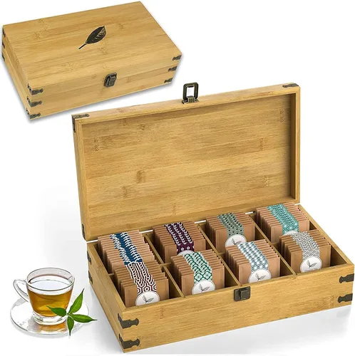 Vista 17 de Caja organizadora de té segura para alimentos, libre de productos químicos, baúl de almacenamiento de bambú, cubos ajustables