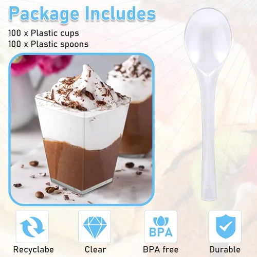 Vista 3 de Paquete de 100 tazas de postre con cucharas, vasos de postre de plástico, 5 onzas, cuadrado transparente