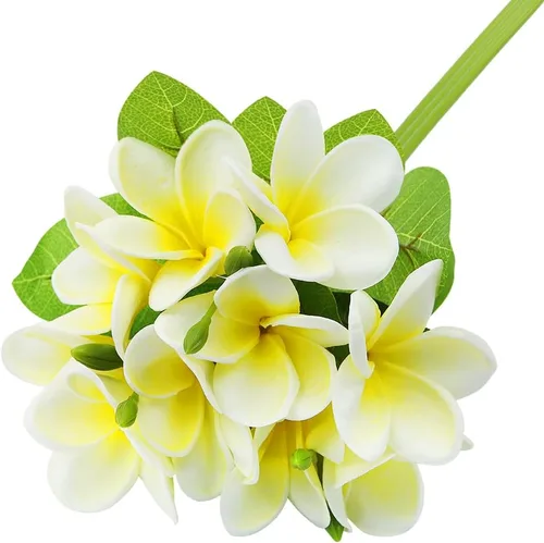 Vista 10 de Winterworm 3 piezas de flores artificiales de plumeria con hojas, ramos realistas de plumeria frangipani y brotes en total de 9 flores falsas