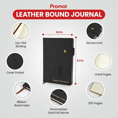 Vista 6 de Promot Cuaderno Personalizado - Diario en Cuero A5 con Páginas Rayadas para Hombres y Mujeres - Cuaderno Ejecutivo de Tapa Dura, Diario Diario