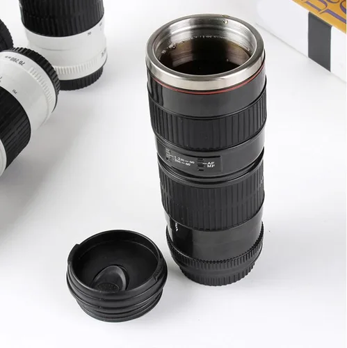 Vista 6 de Zerodis Taza de café con lente de cámara, taza de acero inoxidable con fotos divertidas, jarra de café de acero inoxidable, tapas selladas, taza