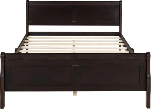 Vista 4 de Cama de plataforma de madera maciza tamaño Queen con cabecera y estribo de trineo, base de cama de plataforma Queen de madera con almacenamiento