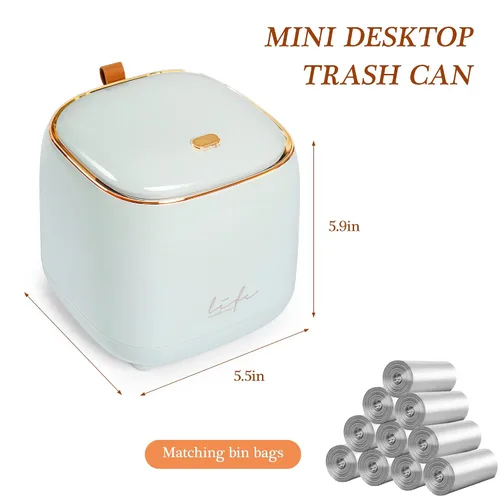 Vista 4 de Mini cubo de basura de encimera con 10 rollos de bolsas de basura, cubo de basura con tapa de presión, cubo de basura de escritorio aplicable