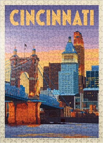 Vista 8 de MyPuzzle Cincinnati, OH: Riverfront, póster vintage, rompecabezas premium de 1000 piezas para adultos