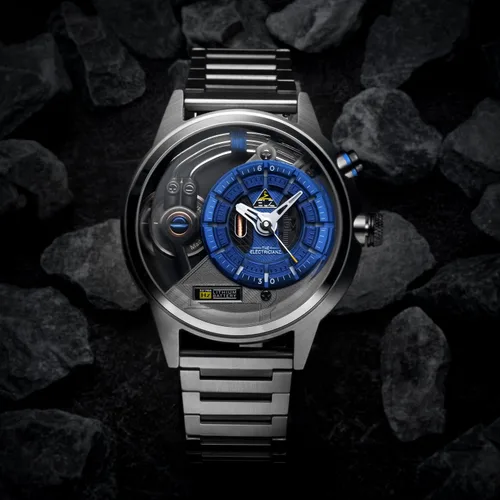 Vista 4 de The Electricianz Stone Z Reloj de diseñador para hombre, esfera con luz LED, diseño suizo, módulo eléctrico único, caja y pulsera de acero