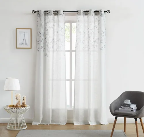 Vista 15 de Central Park Panel de Cortina de Ventana de Lino Transparente Metálico con Estampado Floral de Hojas para Sala de Estar Rústica/Dormitorio Paneles