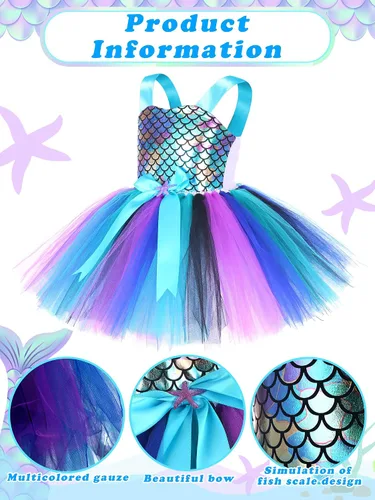 Vista 4 de Mermaid Birthday Outfits Mermaid Dress with Headband for Girls Mermaid Costume Tutu Skirt with Bag for Little Girls