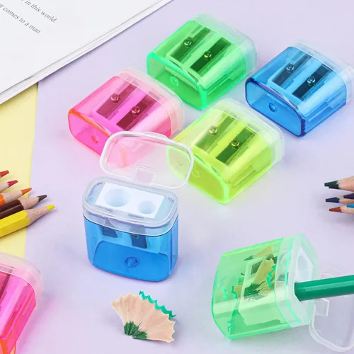 Vista 6 de 24 sacapuntas manuales de doble agujero con tapa, sacapuntas de colores portátiles para niños y adultos, escuela, oficina, hogar, viajes