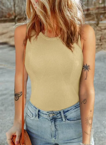 Vista 4 de Dokotoo Camiseta sin mangas acanalada de verano para mujer, cuello alto, chaleco ajustado