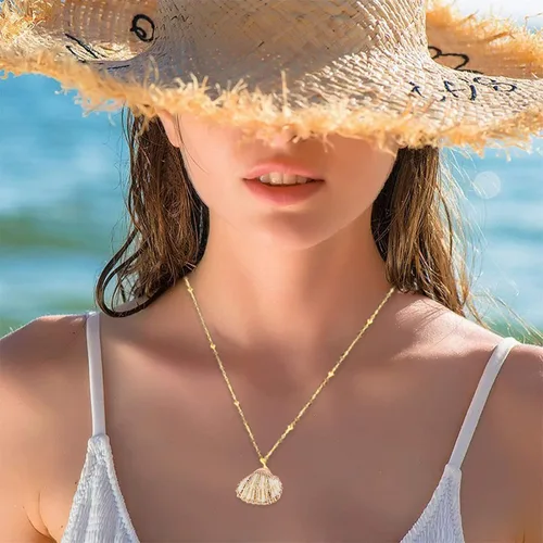 Vista 6 de 5Pcs Natural Scallop Conch Seashell Necklace Inlaid with Gold Rimmed Sea Shell Necklace Adjustable Seashell Jewelry Gifts for Women