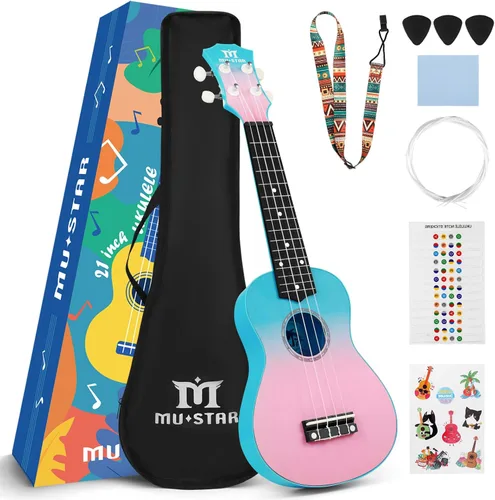 Vista 13 de Ukelele Soprano MUSTAR, Ukelele de Tilo de 21 Pulgadas para Principiantes, Kit de Ukeleles con Bolsa de Concierto, Correa, Púas, Paño, Adhesivo Azul