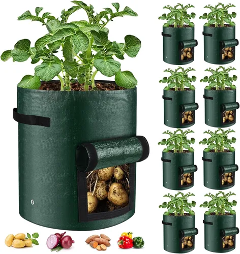 Vista 9 de Juego de 3 bolsas de cultivo de 10 galones, macetas de tela de polietileno resistentes con solapa y asas, bolsas de plantación verdes para papas