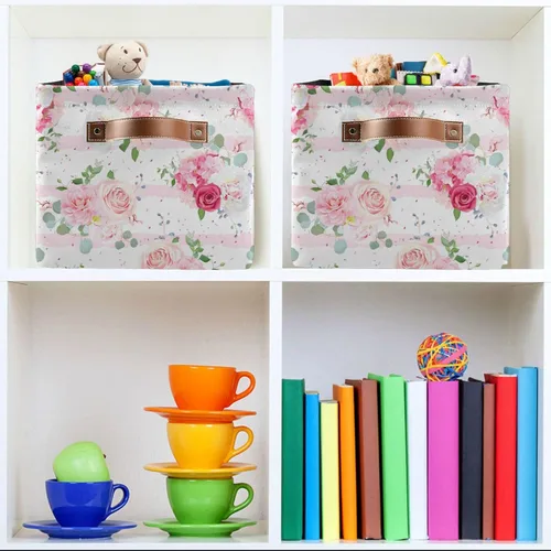 Vista 6 de Cesta de almacenamiento plegable con asas de cuero, con estampado de flores florales, organizador para estante Bethroom, armario, oficina, hogar, 1
