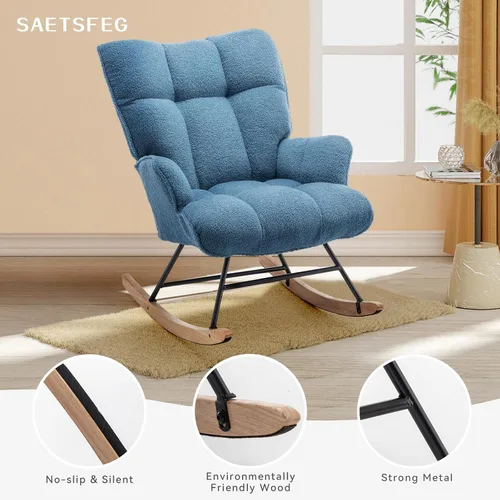Vista 5 de Mecedora de cuarto de bebé con estilo oso de peluche, tapizada con respaldo alto, cómoda y elegante butaca acentuada con asiento acolchado para Azul