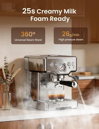 Vista 6 de Máquina de café espresso Neretva, máquina de café espresso de 15 bares con medidor de presión visible, máquina de espresso profesional con espumador