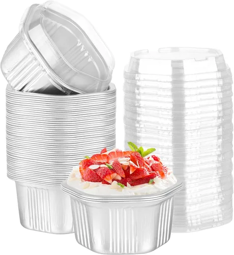 Vista 11 de Beasea Tazas desechables para hornear con tapas, juego de 50 unidades, 13.5 oz 400 ml, ramekins de aluminio con tapa de papel de aluminio, moldes