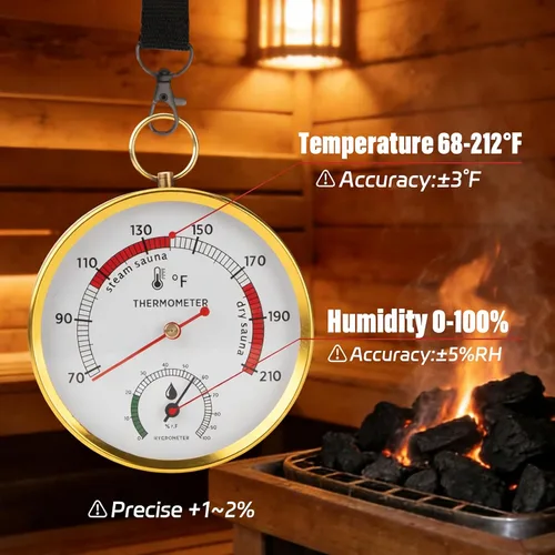 Vista 5 de Combo de termómetro de sauna Fahrenheit e higrómetro con soporte de cordón, termómetro colgante para sala de sauna, sauna de vapor portátil, rango